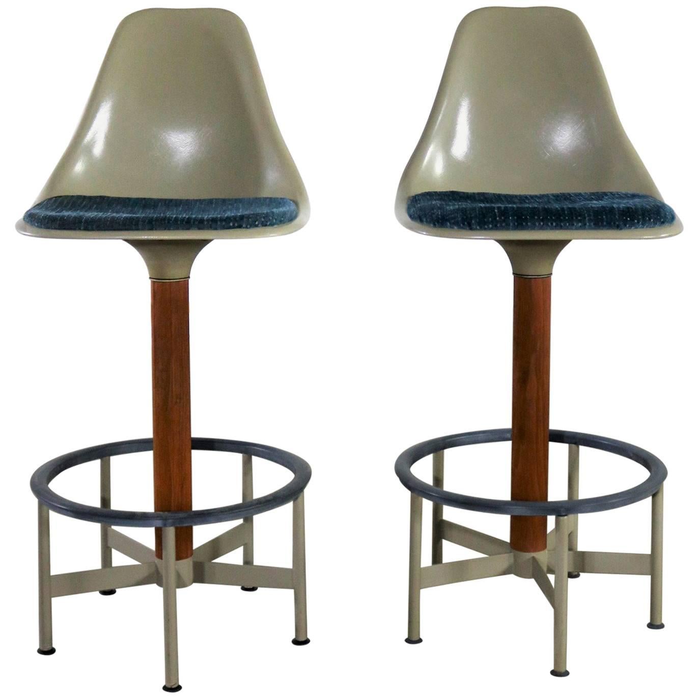 Pair of Burke Swivel Bar Stools Mid-Century Modern Fiberglass Shell Fabric Seat