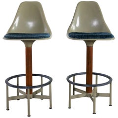 Vintage Pair of Burke Swivel Bar Stools Mid-Century Modern Fiberglass Shell Fabric Seat