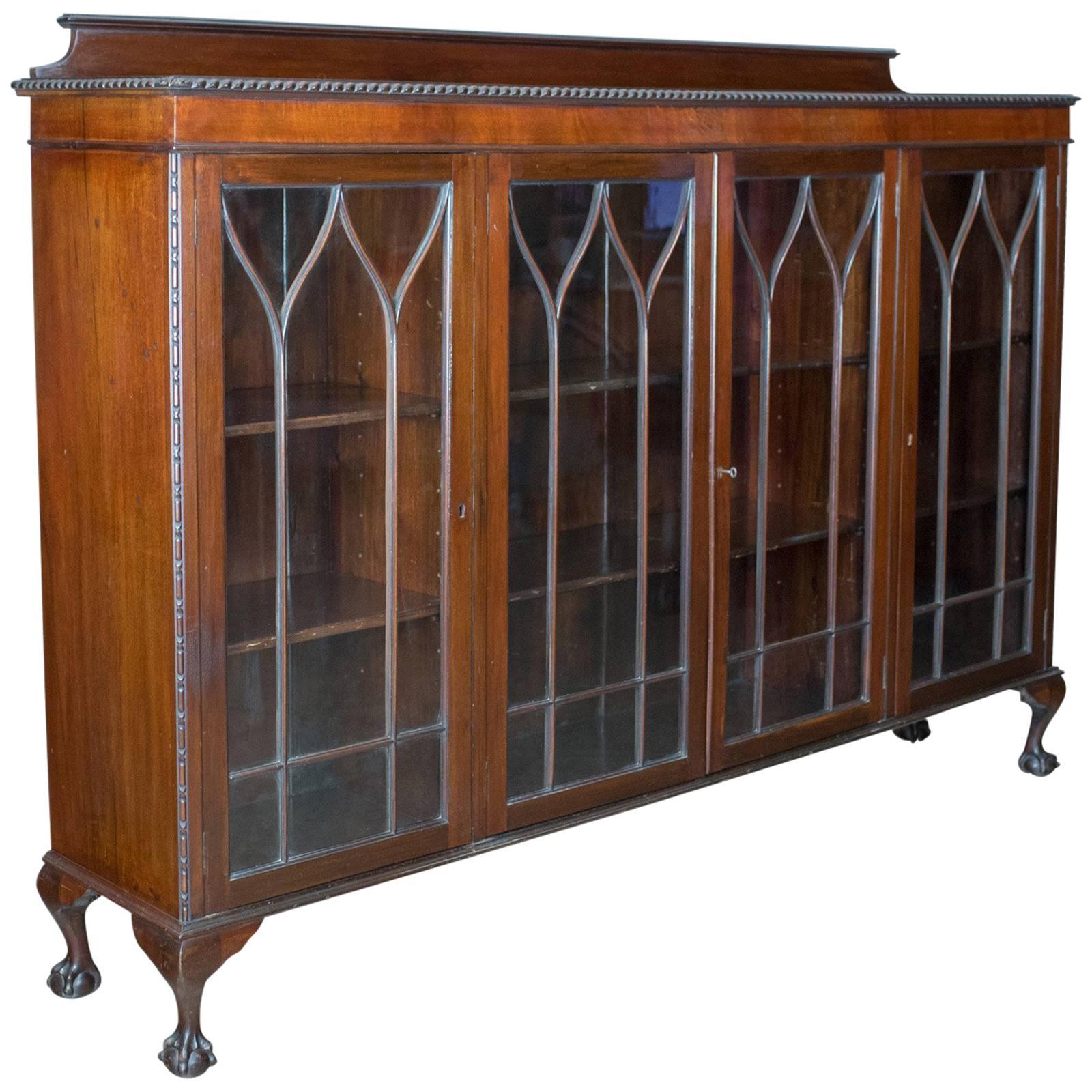 Antique Glazed Bookcase Long Edwardian Mahogany Cabinet, Gothic, circa 1910