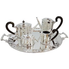 Italienisches Tee- und Kaffeeservice aus Sterlingsilber des 20. Jahrhunderts mit Tablett und Holzgriffen