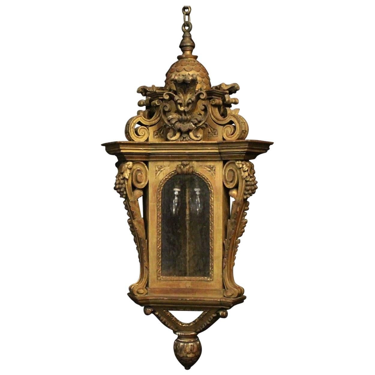 Italian Giltwood 19th Century Triple Light Antique Lantern