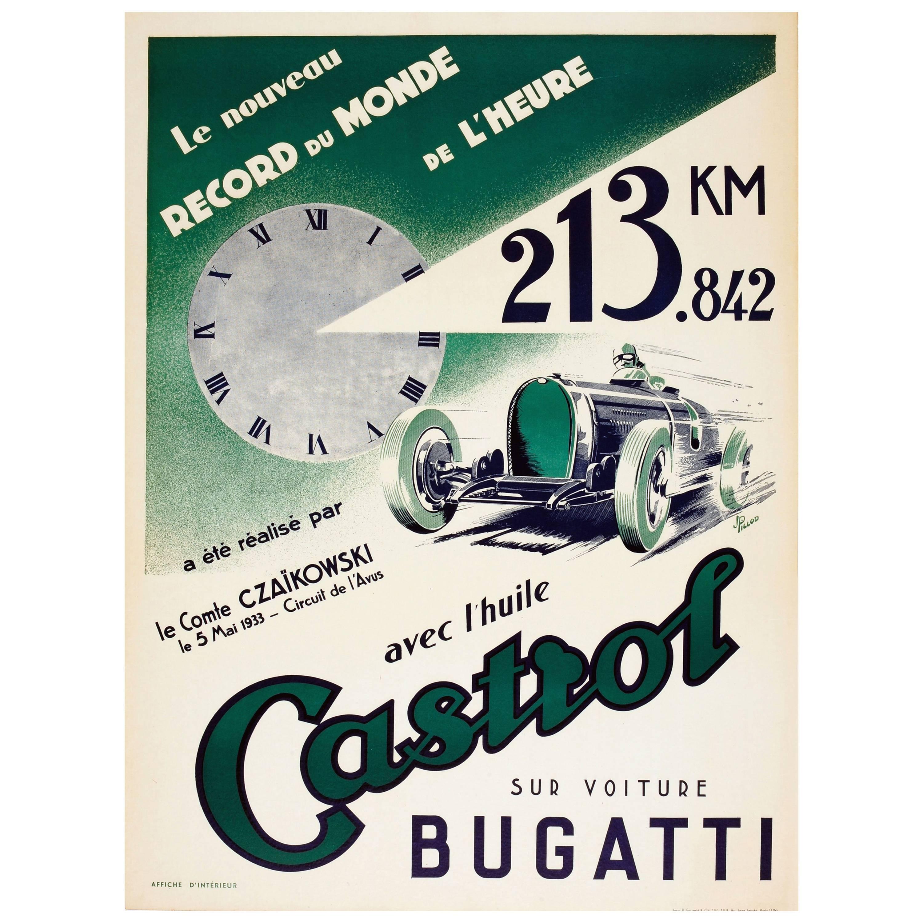 Original 1933 Bugatti World Record Motor Racing Poster Sponsored by Castrol Oil