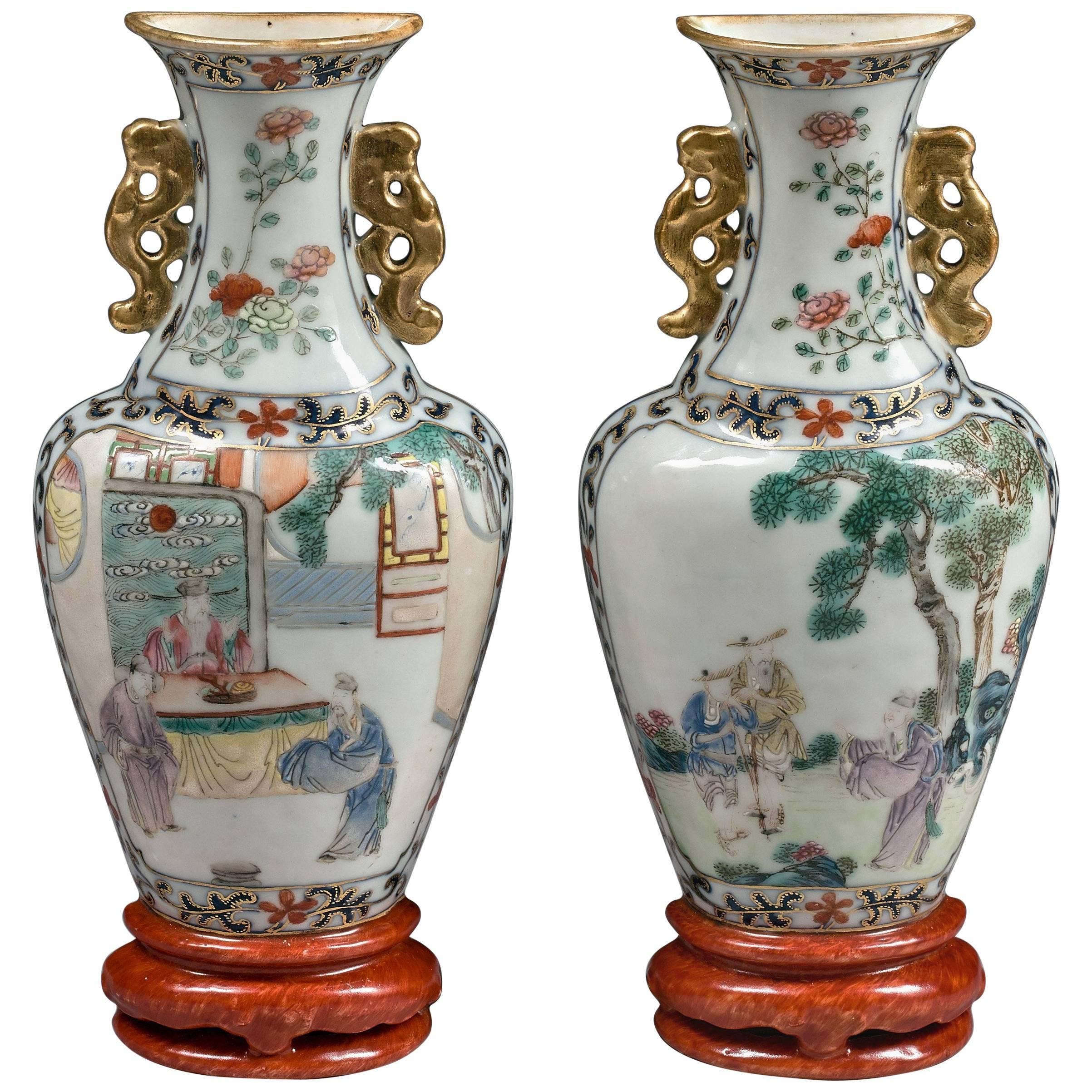 Pair of Chinese 18th Century Qianlong Period Famille Rose Porcelain Wall Vases For Sale