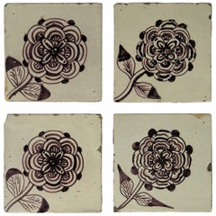 Used Four 18th Century Ceramic Tiles Delft Frisian Rose Manganese Set A, circa 1760