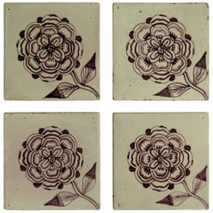 Four 18th Century Ceramic Tiles Delft Frisian Rose Manganese Set B, circa 1760