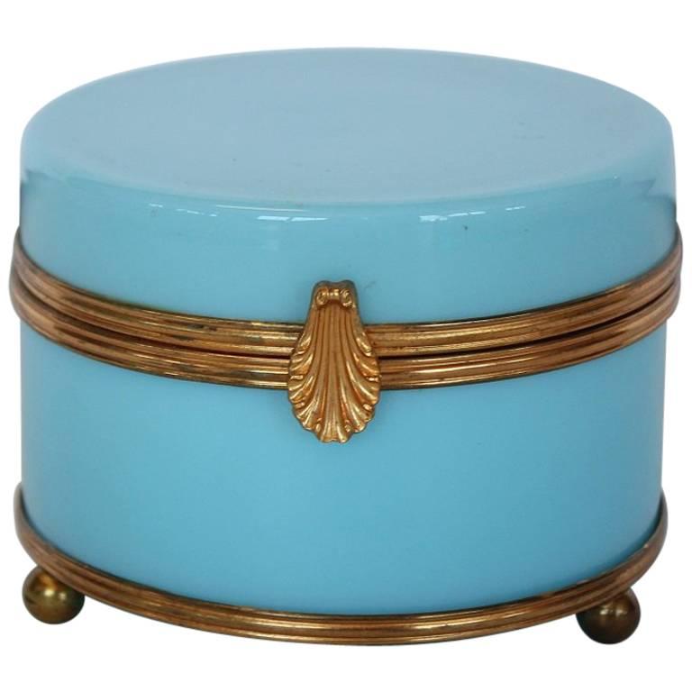 Antique French Blue Opaline Box with Brass Mounts For Sale