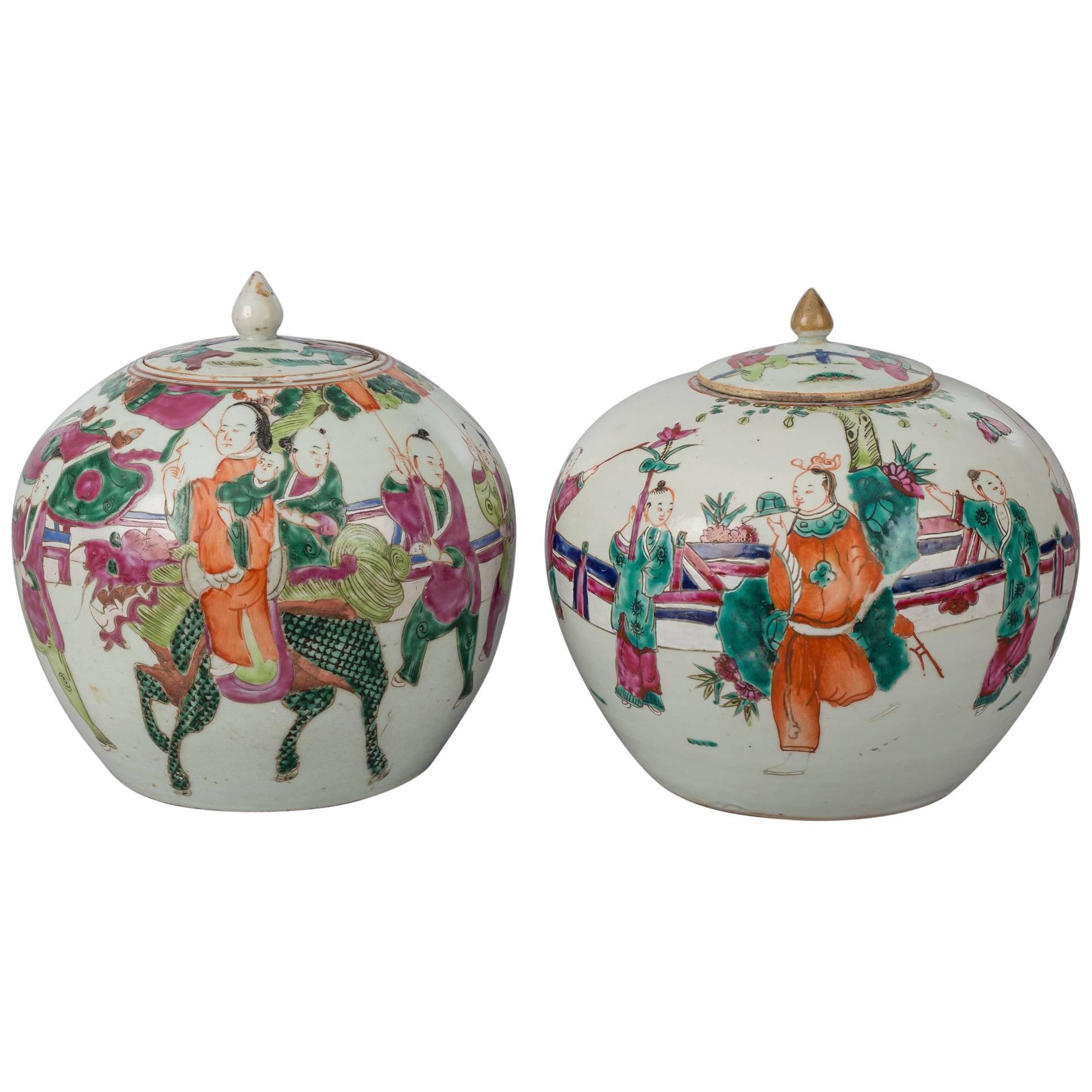 Pair of Chinese Squat Vases with Lids