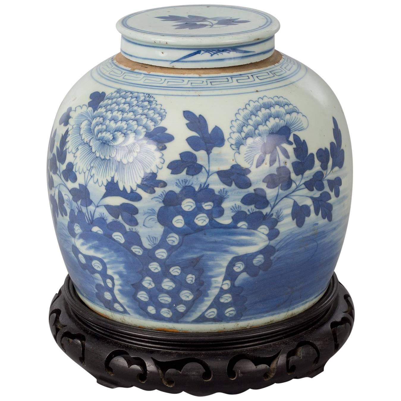 Chinese Canton Blue and White Squat Vase For Sale