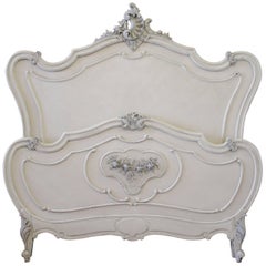 Antique White Painted French Louis XV Style Walnut Carved Queen French Bed