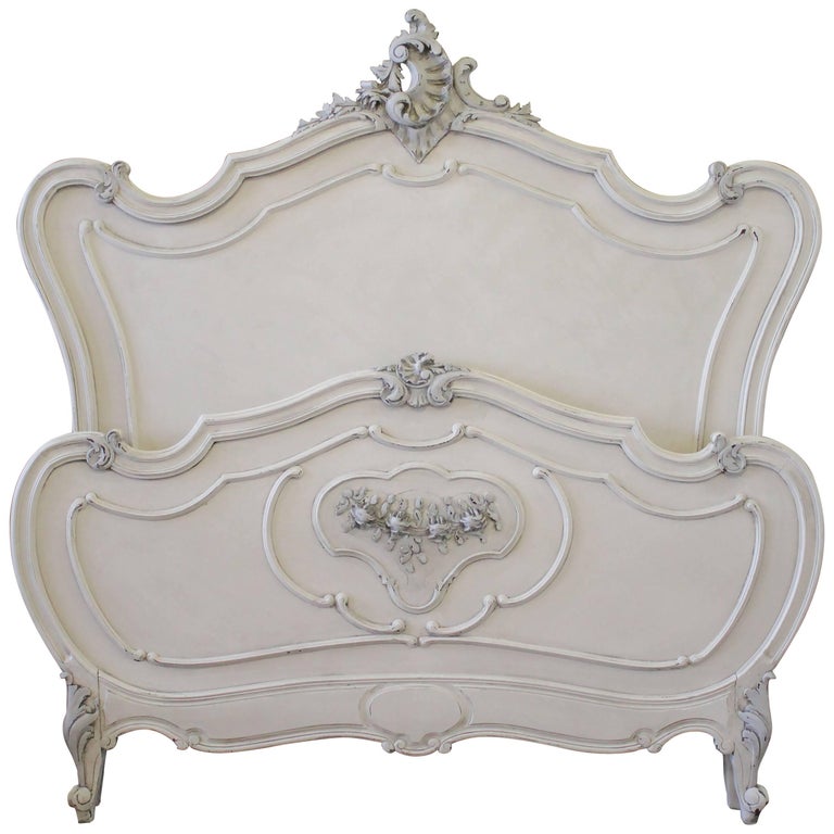 Antique White Painted French Louis XV Style Walnut Carved Queen French