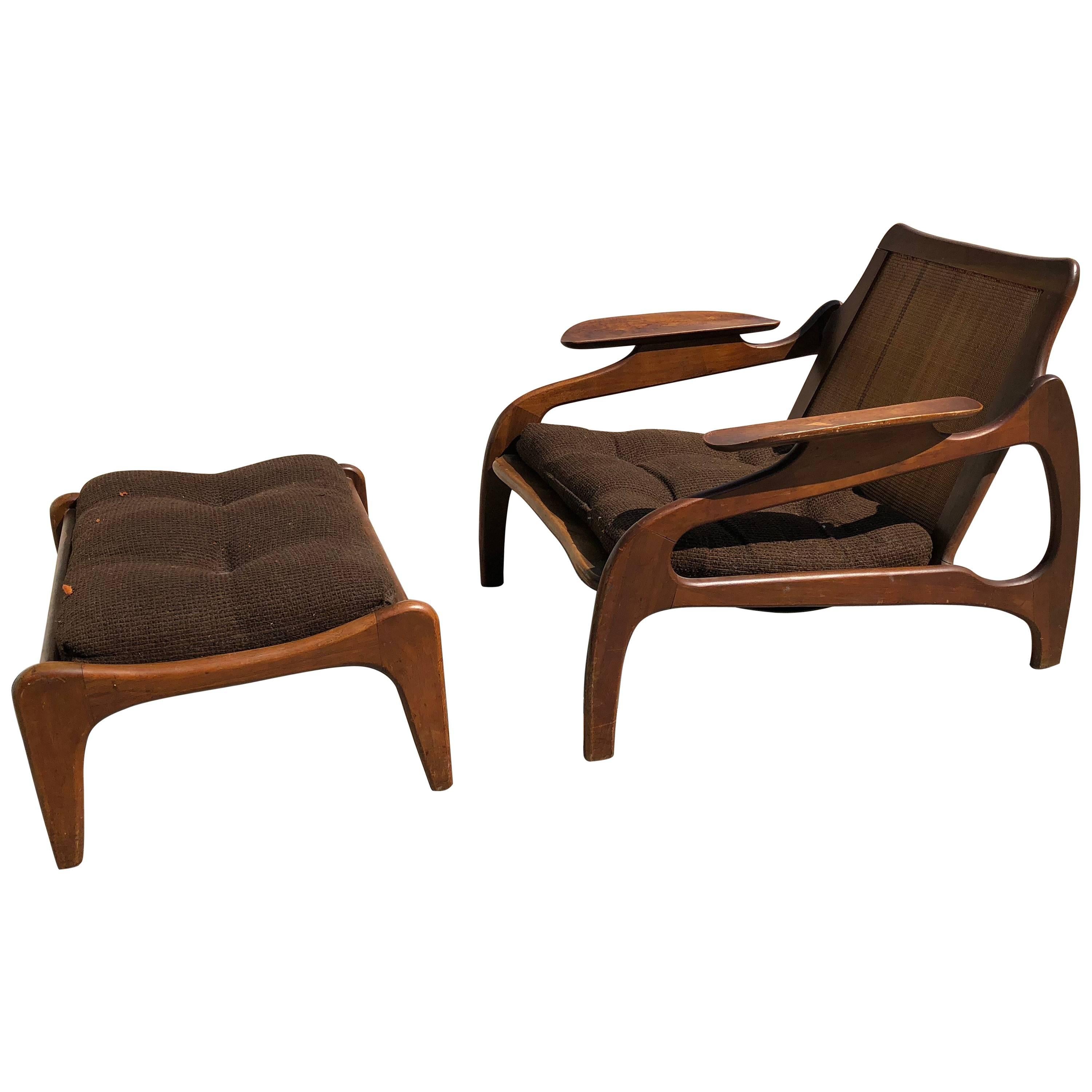 Adrian Pearsall Mid-Century Modern Walnut and Cane Lounge Chair and Ottoman