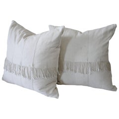 Vintage Pair of off White African Mudcloth Pillows with Original Fringe Accents