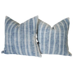 Pair of Retro Faded Blue Indigo Stripe African Mudcloth Pillows
