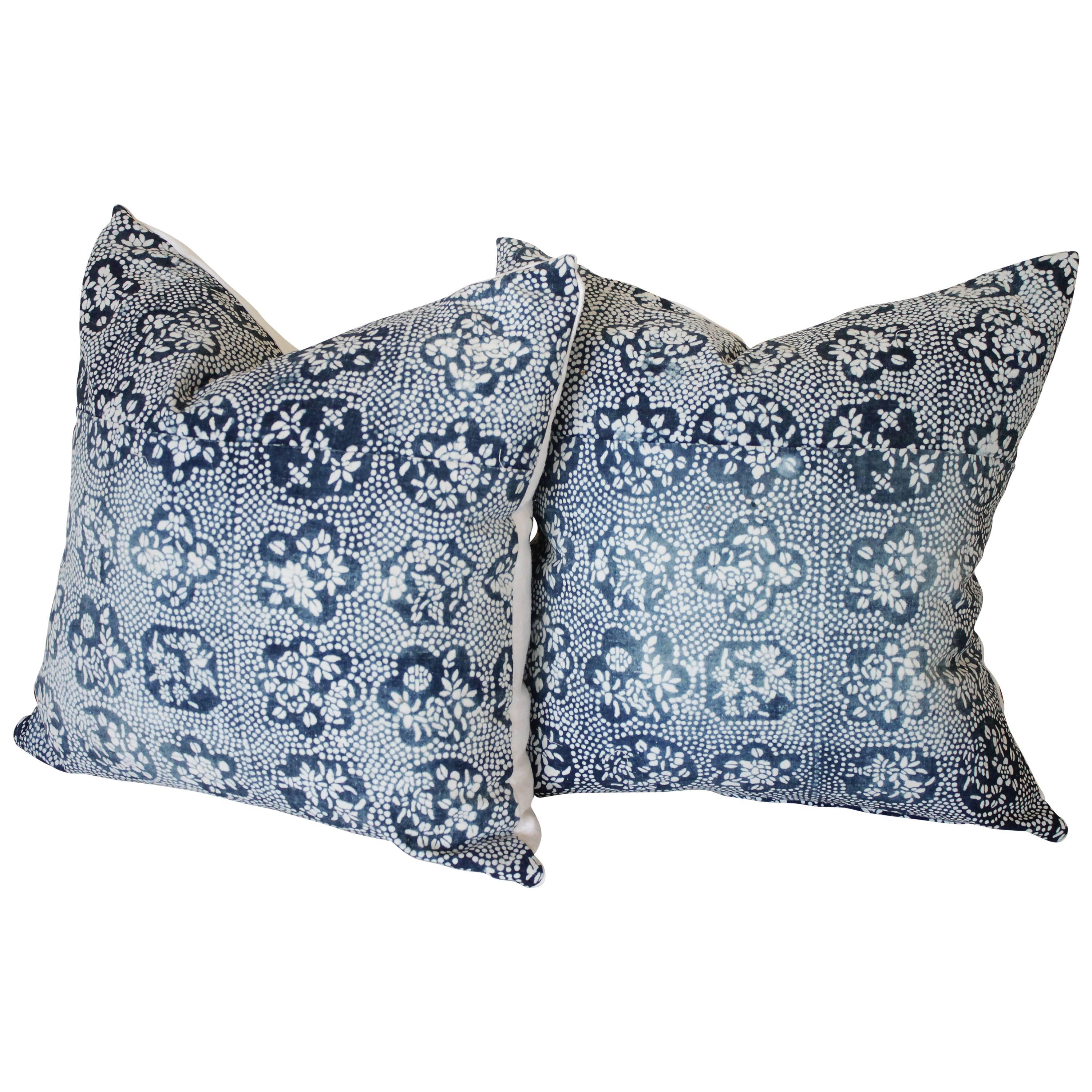Pair of Vintage Blue Batik Japanese Indigo Floral Pillow Shams