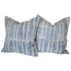 Pair of Retro Faded Blue Indigo Stripe African Mudcloth Pillows with Fringe