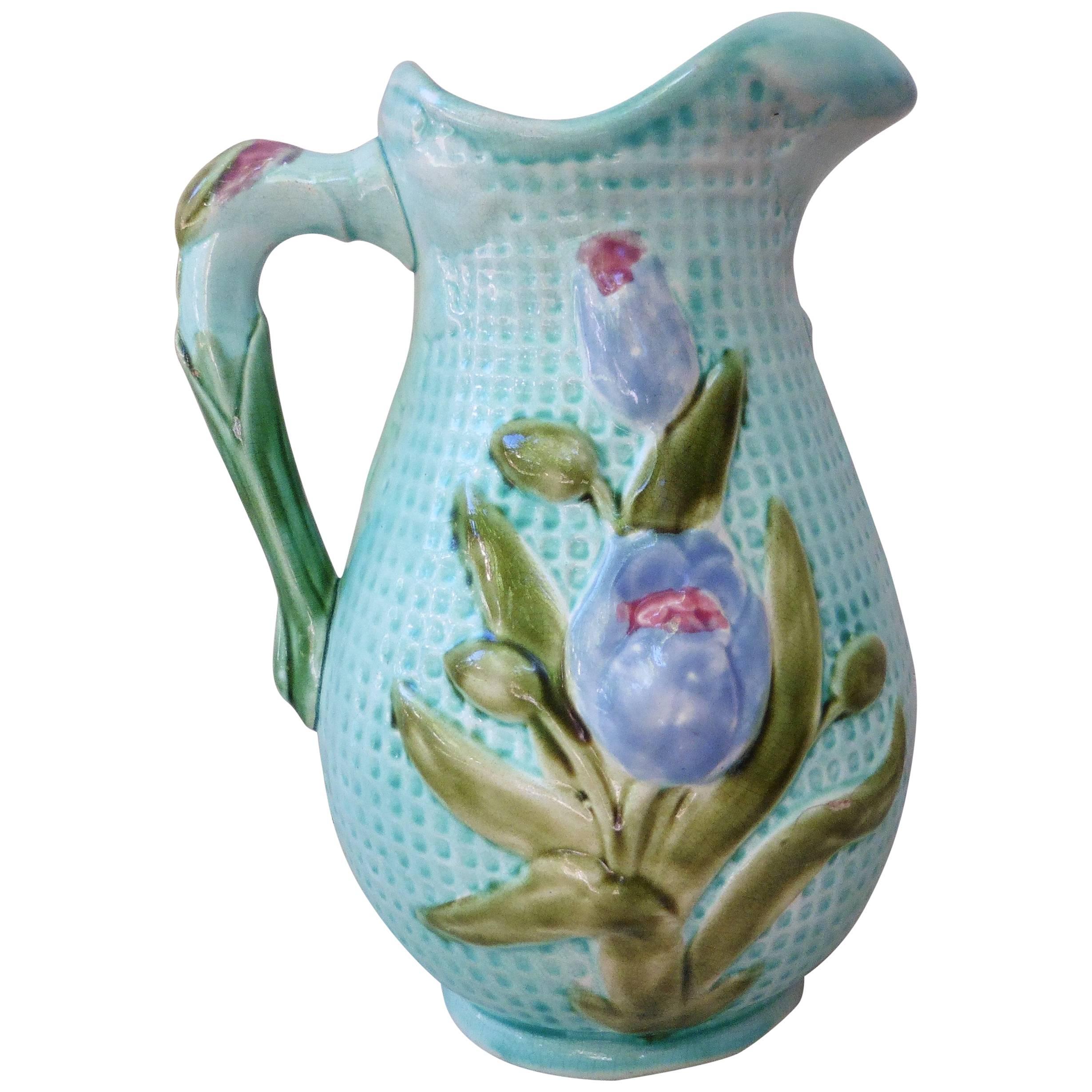 Majolica Flowers Pitcher Nimy Les Mons, circa 1900 For Sale