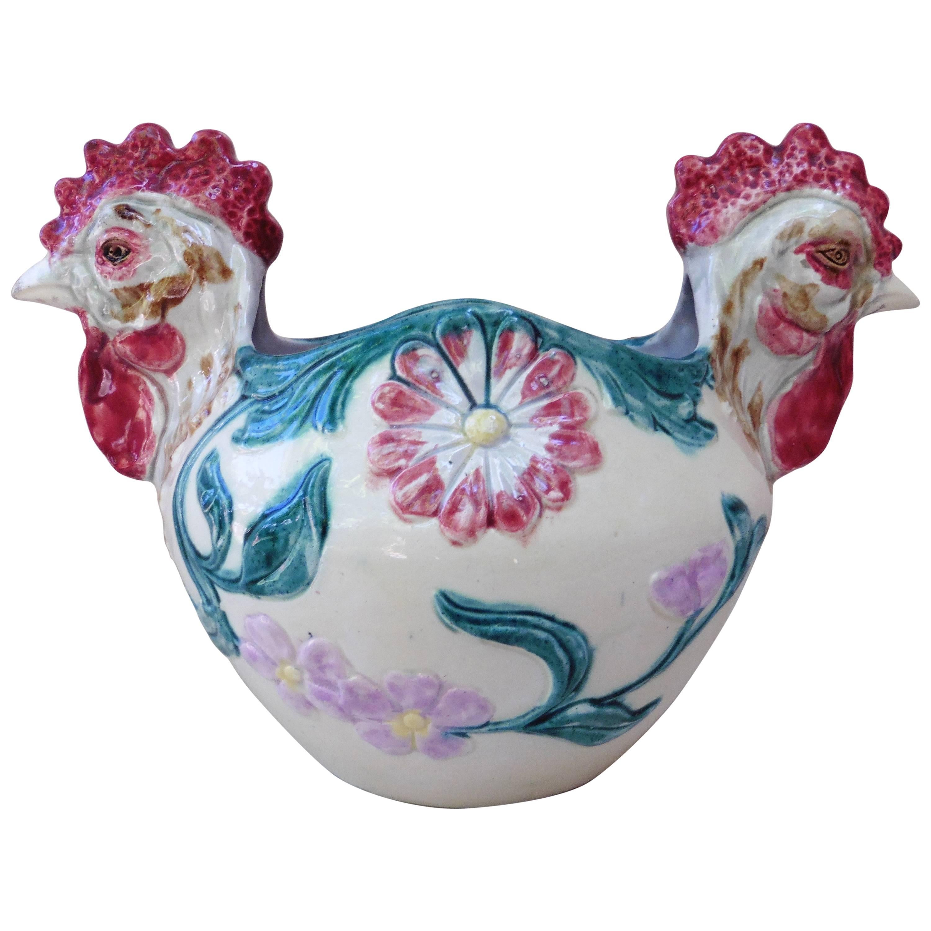 Majolica Rooster Heads Jardiniere Orchies, circa 1900