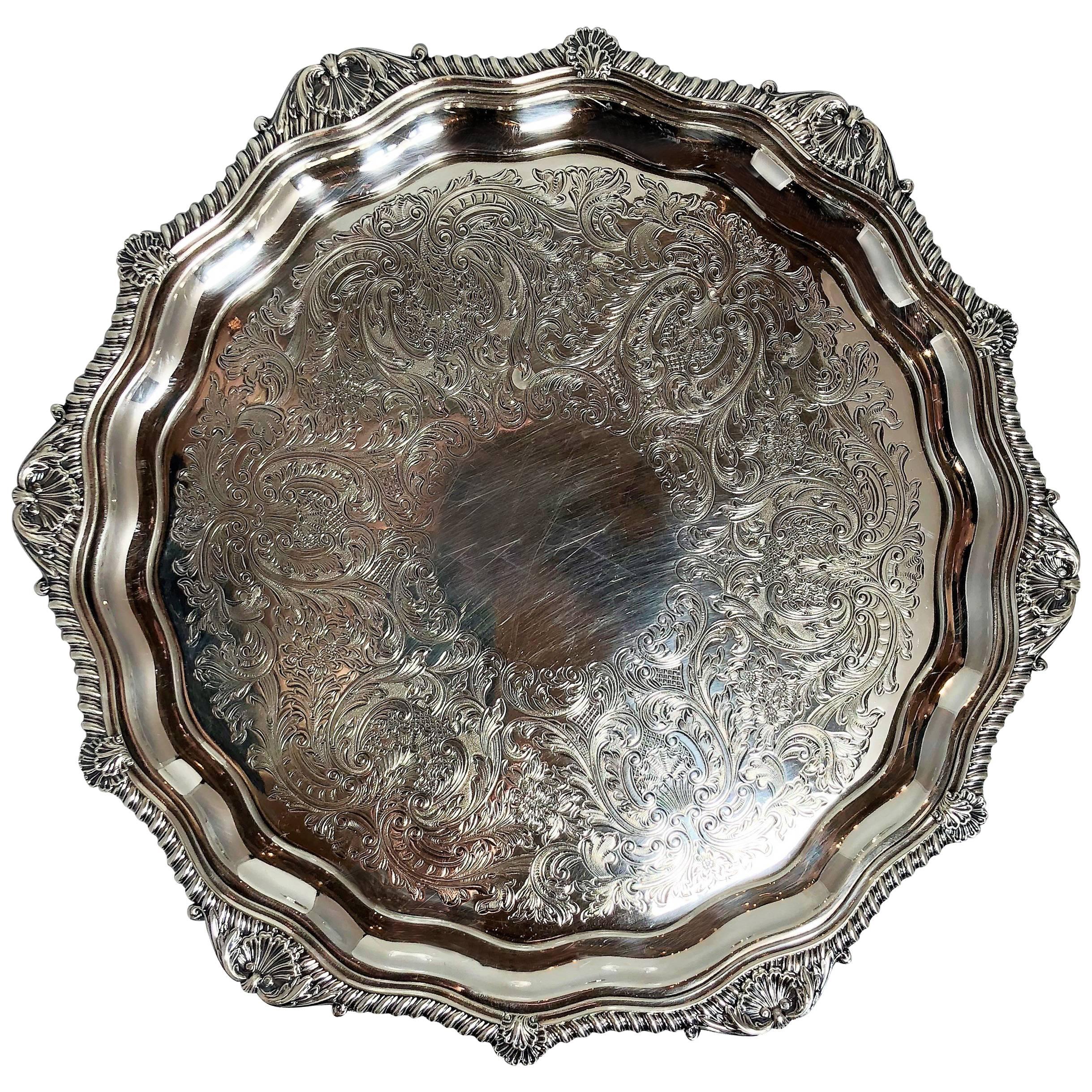 Antique English Silver Tray, Sheffield Silver-Plated Signed Barker Co
