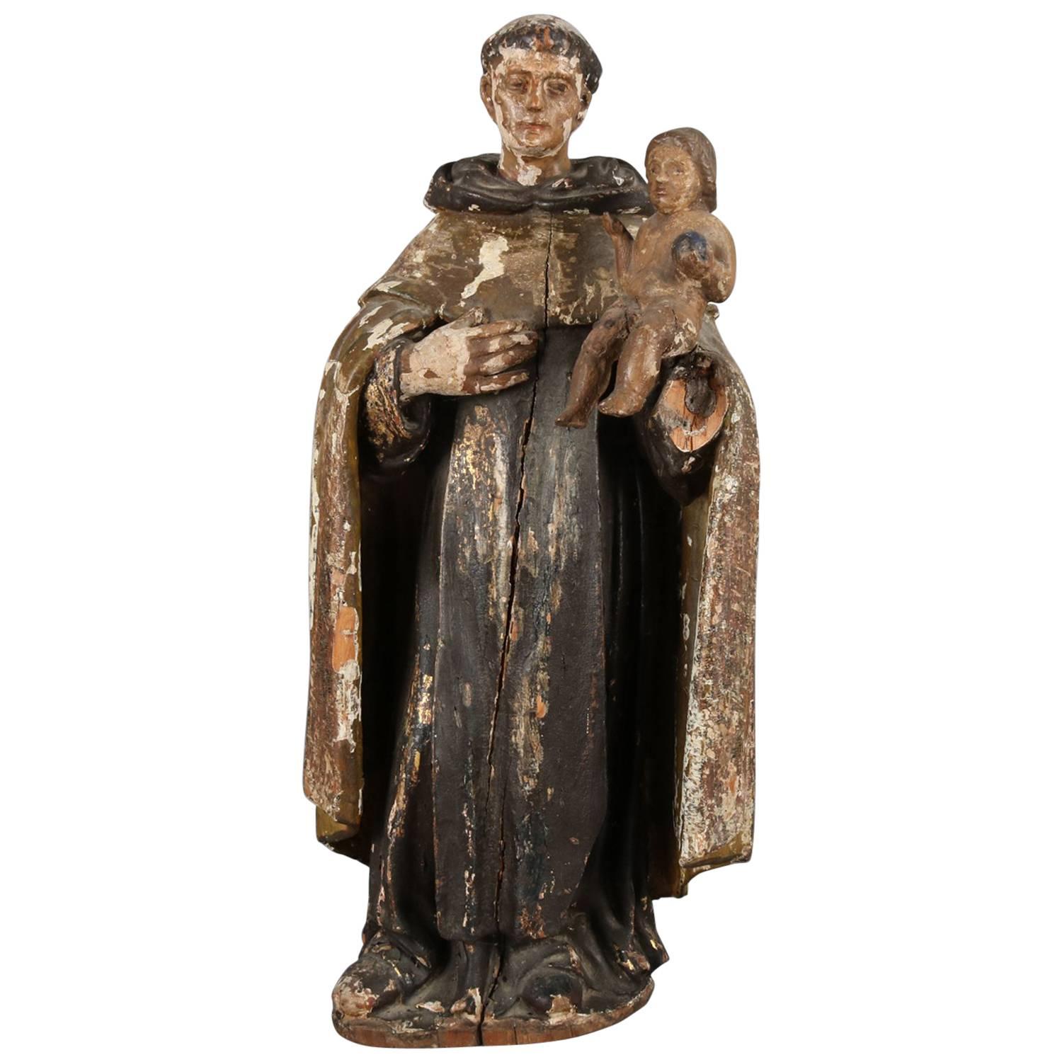 Polychromed Carved Hand Santos Figure of Saint Anthony with Christ Child