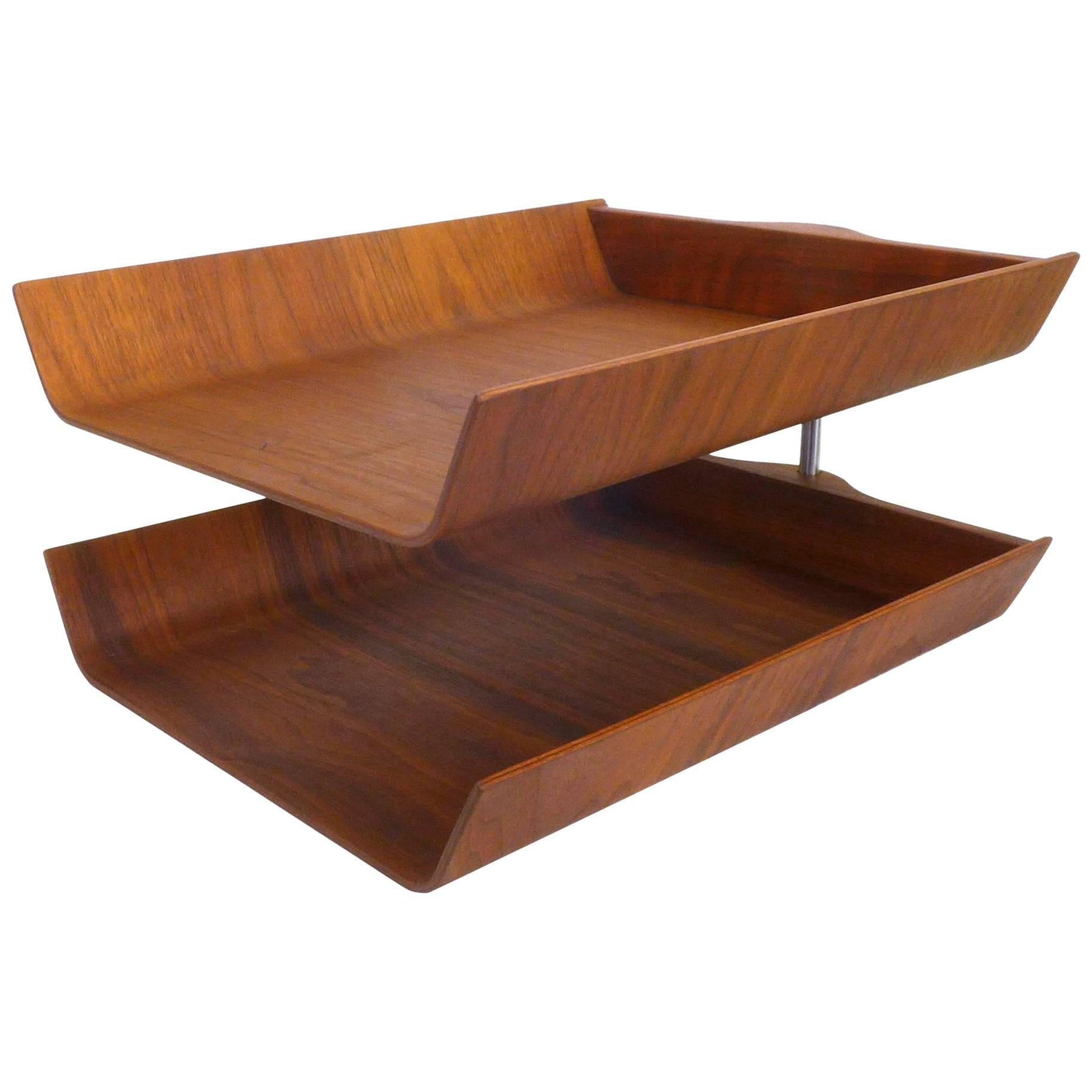 Molded Walnut Plywood Two-Tier Letter Tray by Florence Knoll