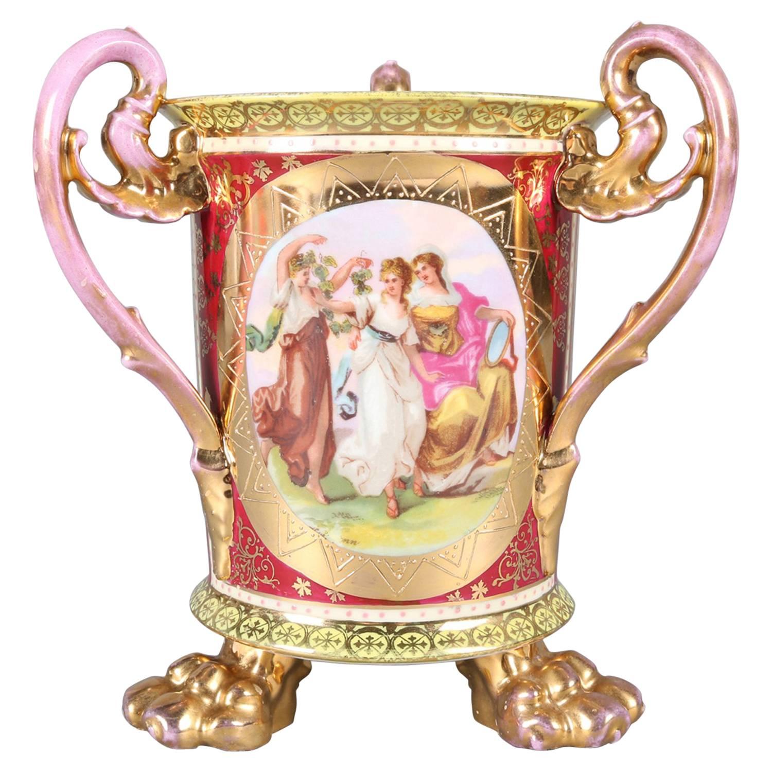 Austrian Royal Vienna Hand-Painted and Gilt 3-Handled Loving Cup, circa 1890