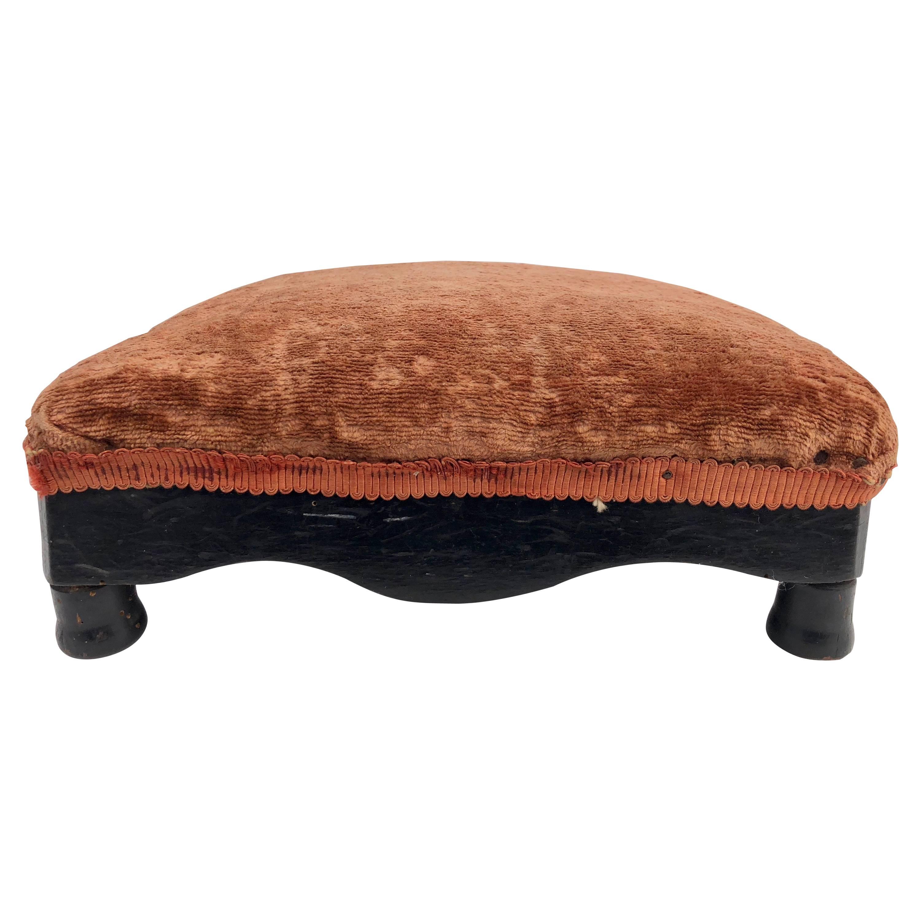 French Square Wooden Foot Stool, Rust Brown Velvet Top, Black Frame/Feet, 1900s For Sale