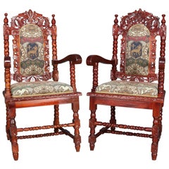 Vintage Pair of Carved Mahogany Renaissance Revival Style Upholstered Armchairs