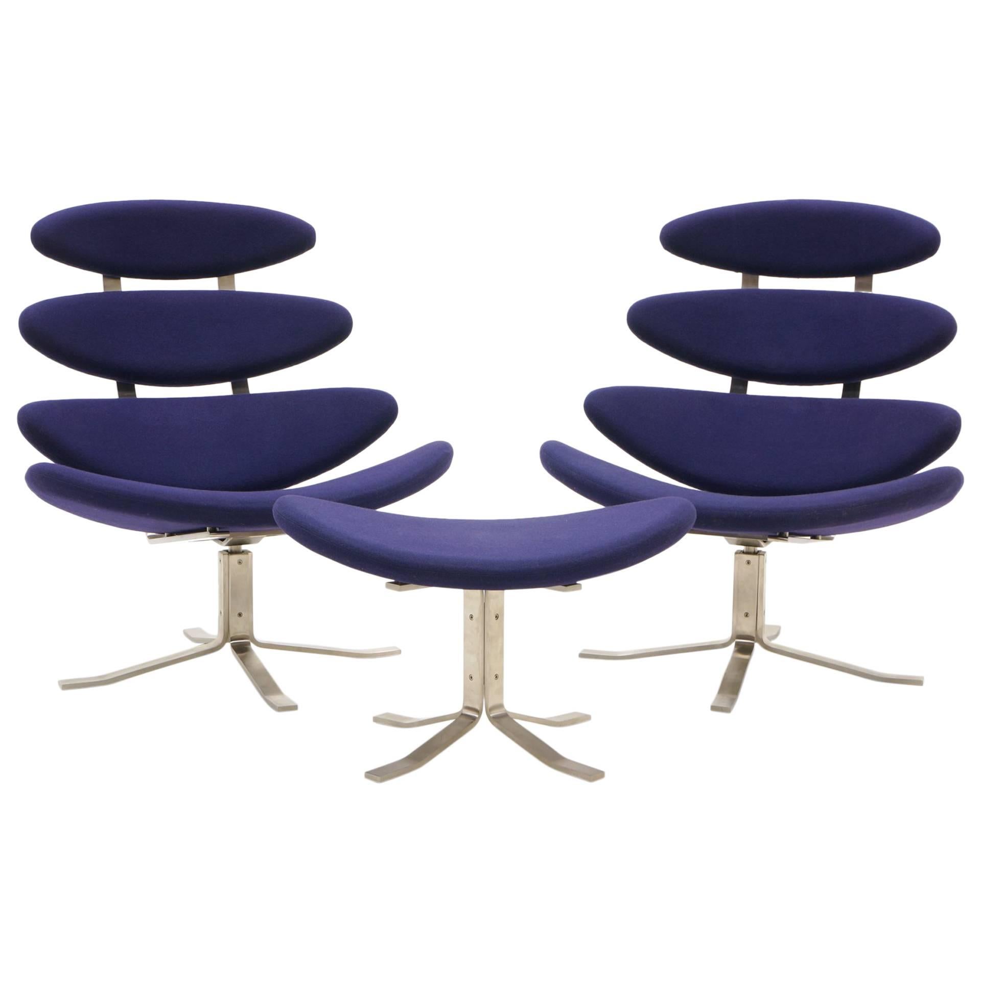 Pair Poul Volther Corona Chairs with Ottoman, Deep Blue Fabric and Solid Steel