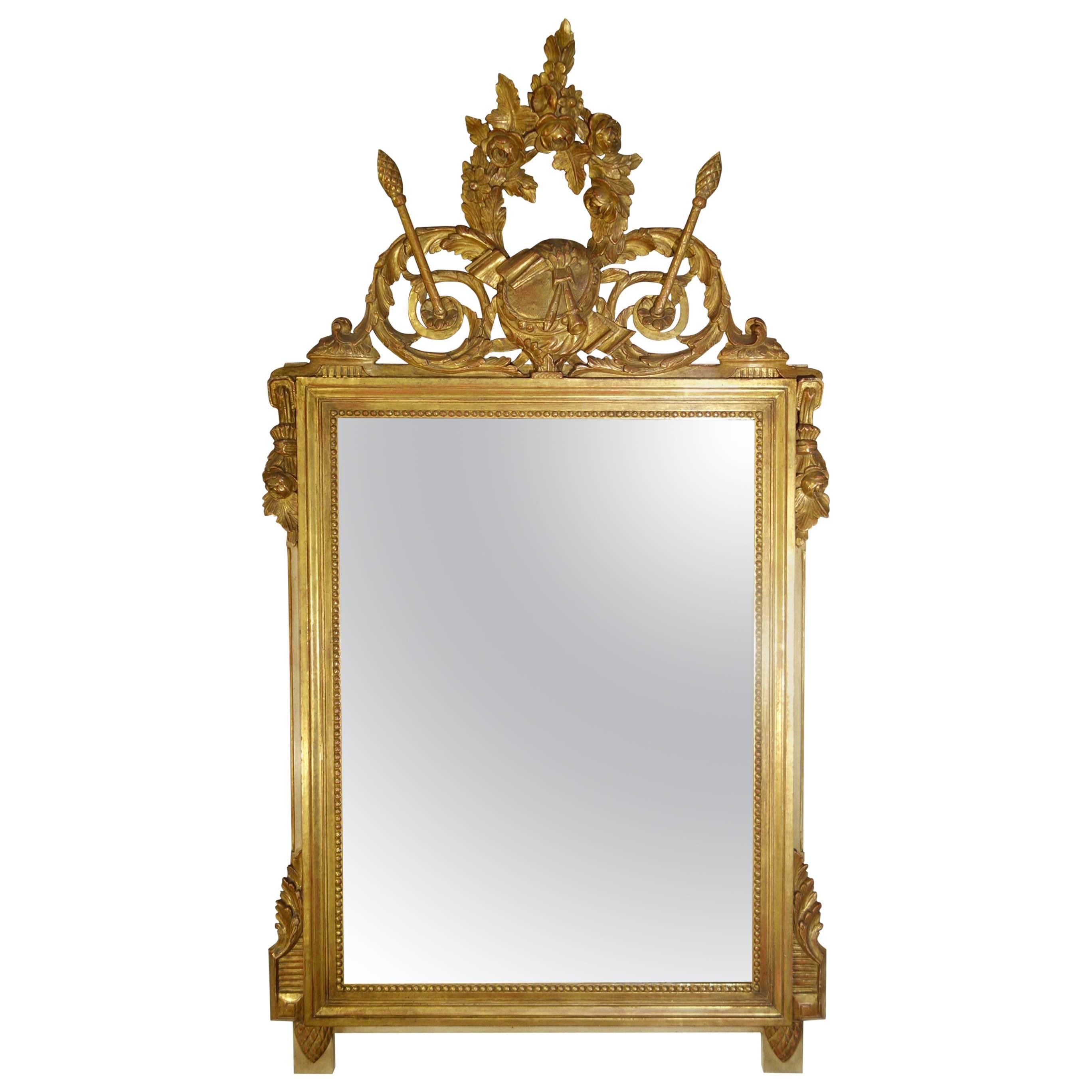 Antique Italian Louis XVI Gold Gilt and Bolo Finish Framed Mirror Circa 1920