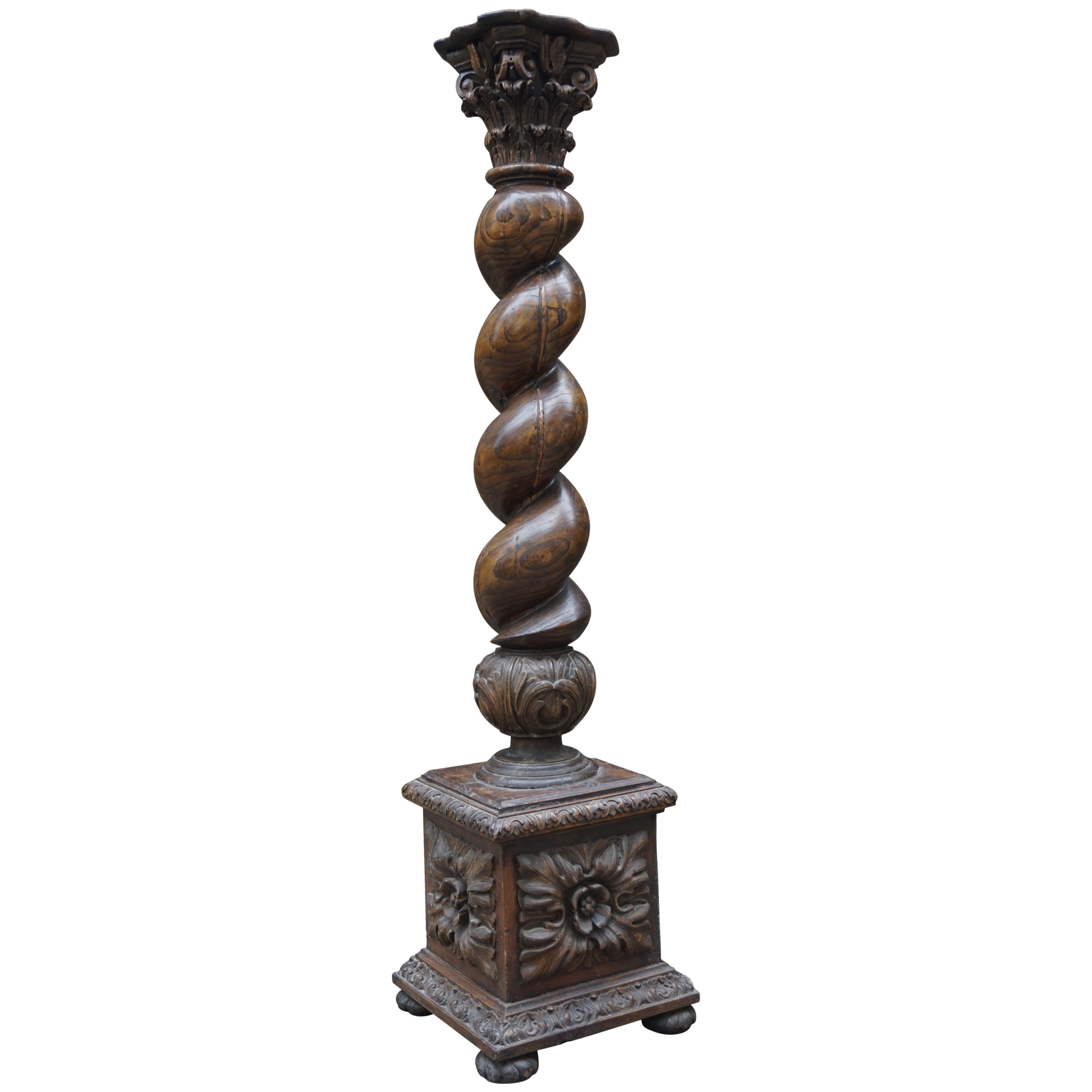 Antique Ebony Carved Dragon Pedestal Oriental Plant Stand Figural Lions