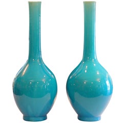 Pair of Antique Kyoto-Awaji Turquoise Bottle Vases Large Japanese Crackle Glaze