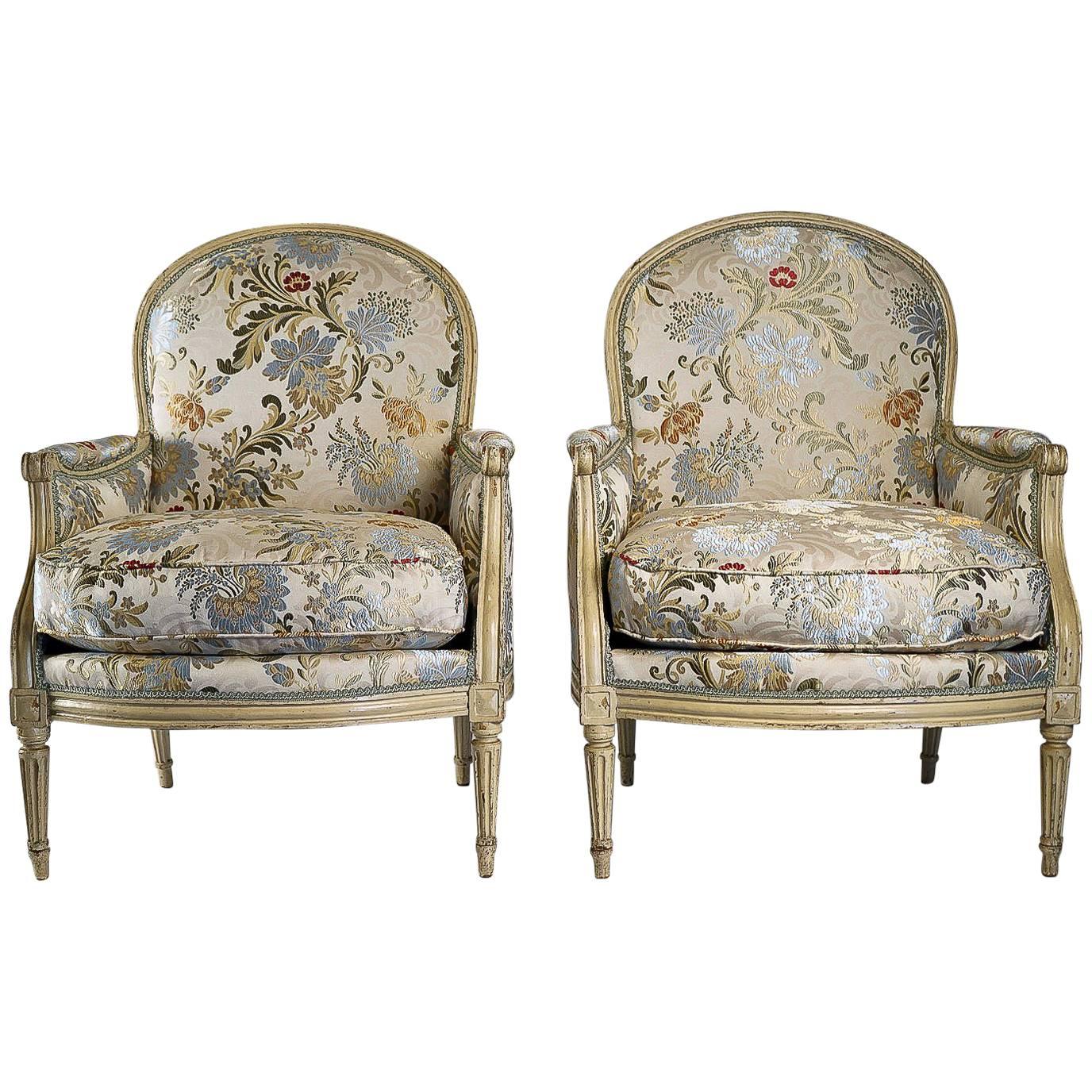 French 18th Century Lacquered Wood Pair of Large Bergeres Louis XVI Period, 1780 For Sale
