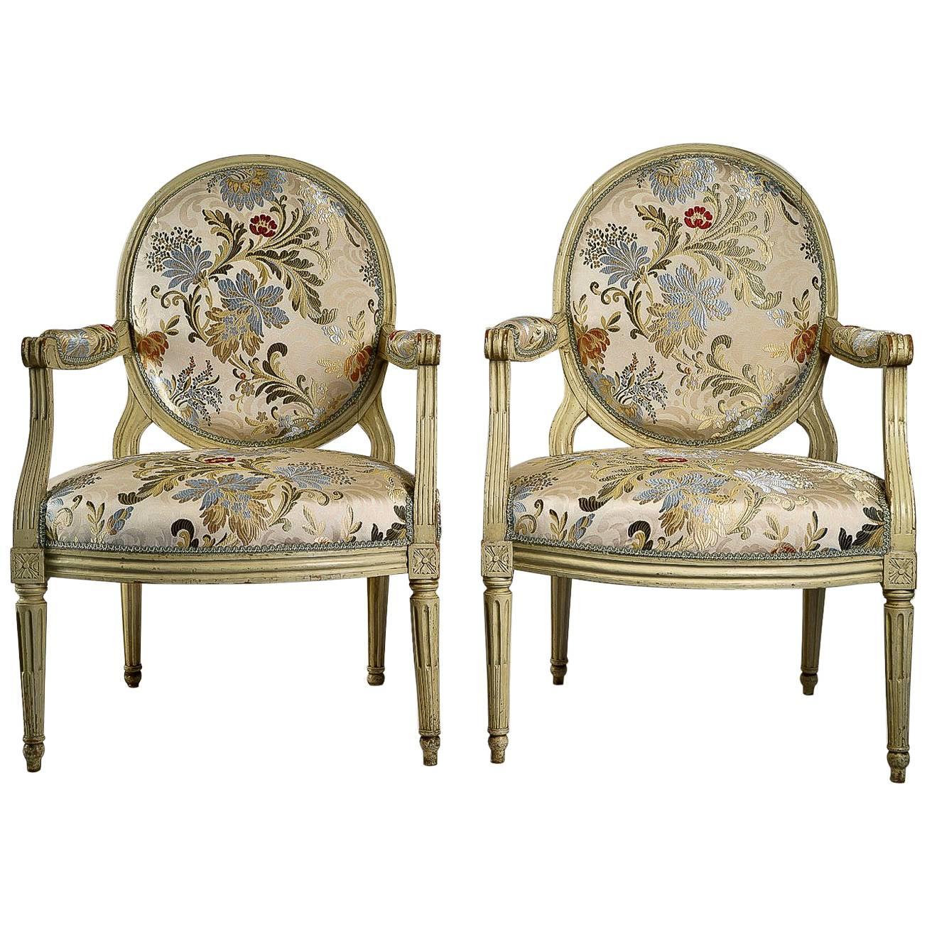 French 18th-Century, Lacquered Wood Pair of Large Armchairs Louis XVI Period For Sale