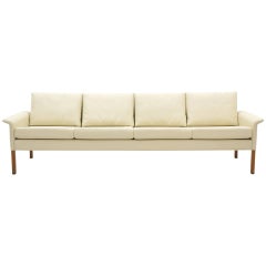 Four-Seat Sofa by Hans Olsen, White/ Ivory Leather with Rosewood Legs. Restored.