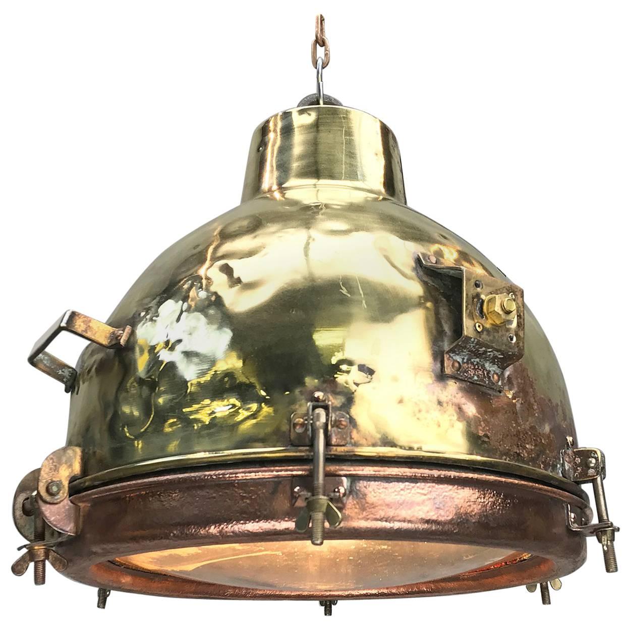 1960s Japanese Industrial Brass, Copper and Convex Glass Dome Pendant Light
