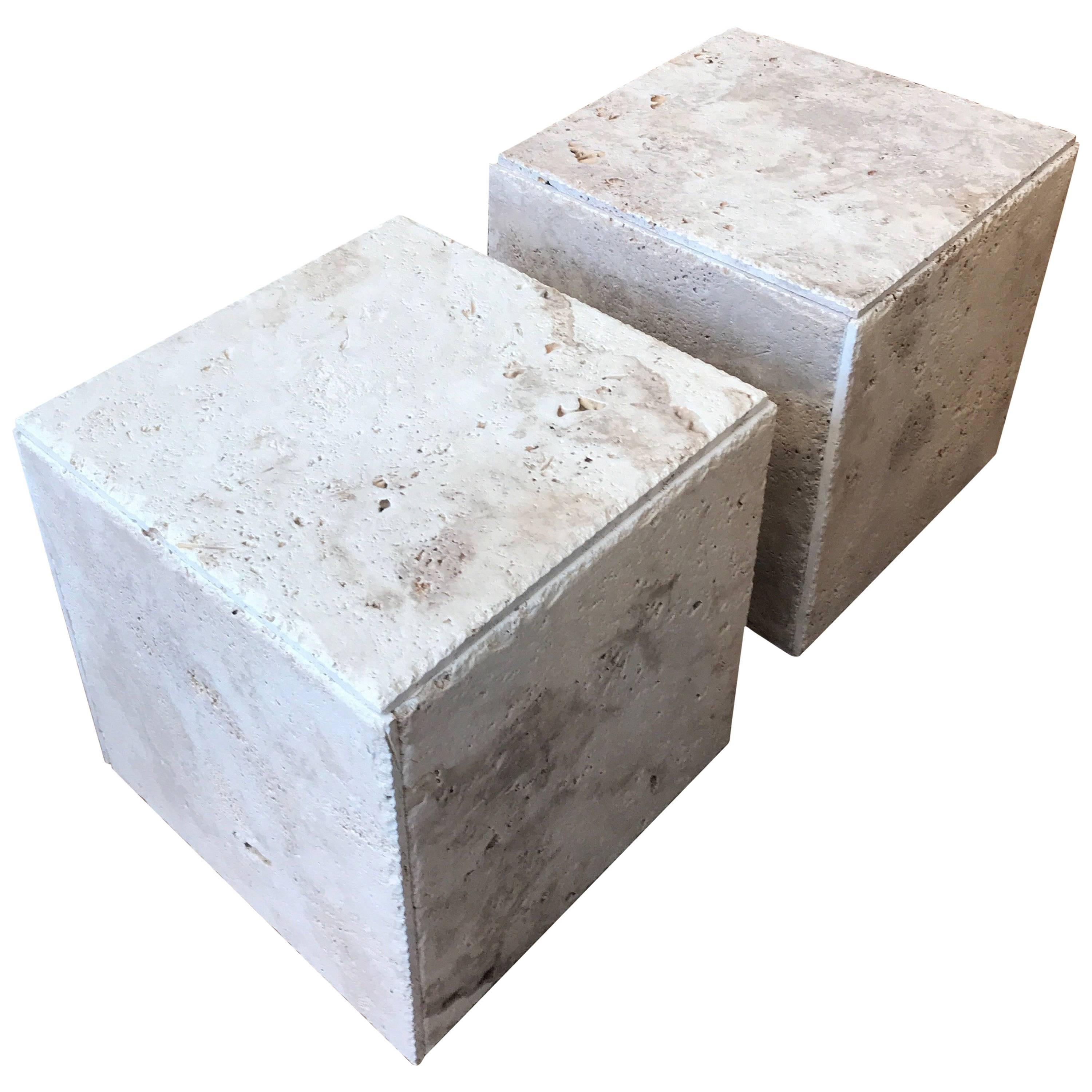 Pair of Rustic Unpolished Italian Travertine Cube Coffee Tables