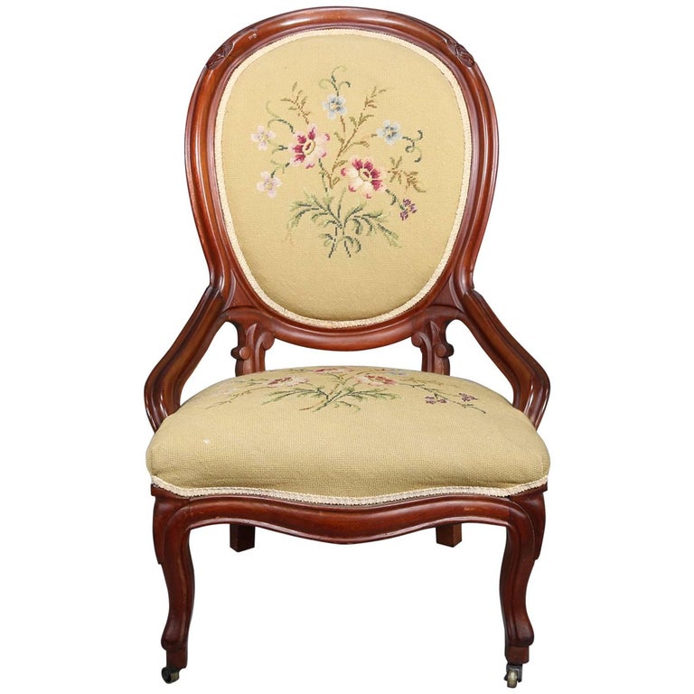 Victorian Carved Walnut and Needlepoint Upholstered Side Chair, 19th