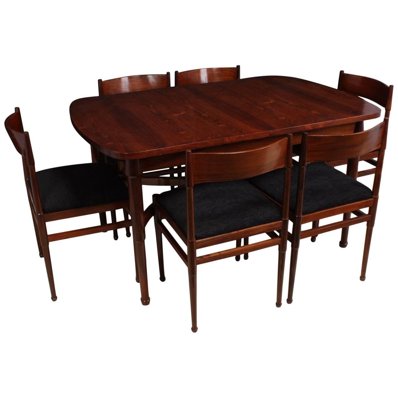 Midcentury Italian Dining Table and Six Chairs in Rosewood
