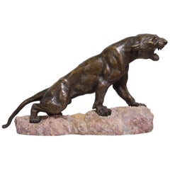 Bronze Panther by Thomas Cartier on Marble Rock, circa 1920