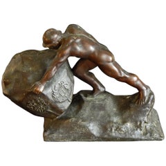 "Nude Miner with Boulder, " Rare Romanian Bronze Sculpture Honoring Worker