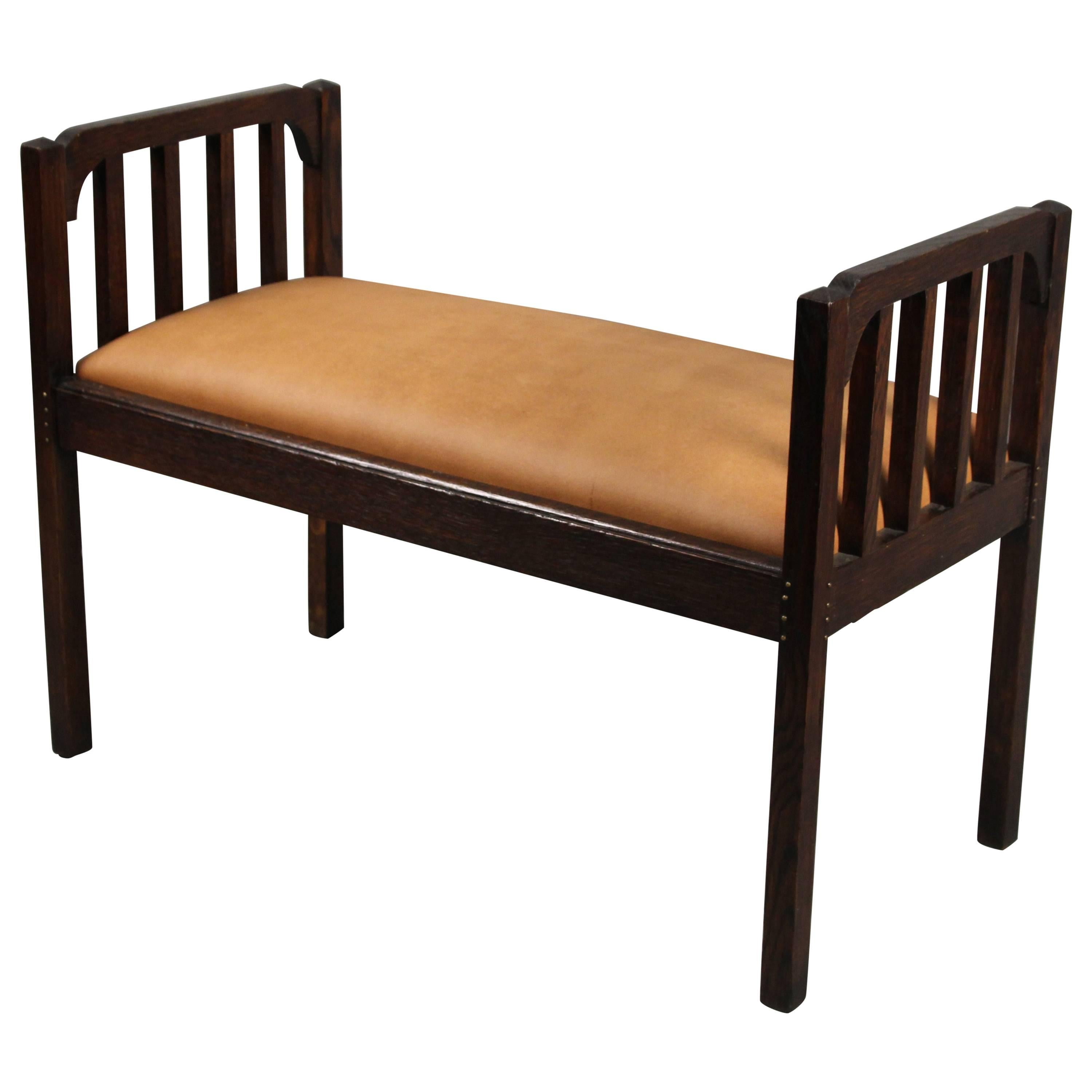 Arts & Crafts Mission Bench with New Leather For Sale