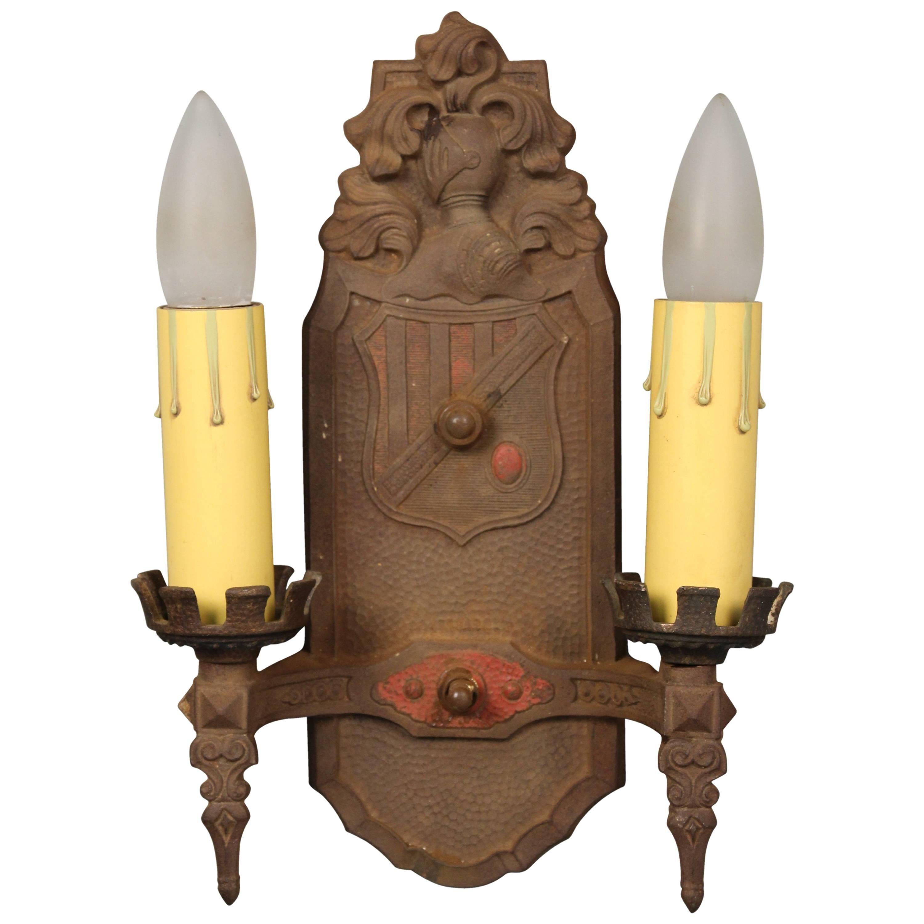 1 of 5 Double Sconces with Knight, circa 1920s For Sale
