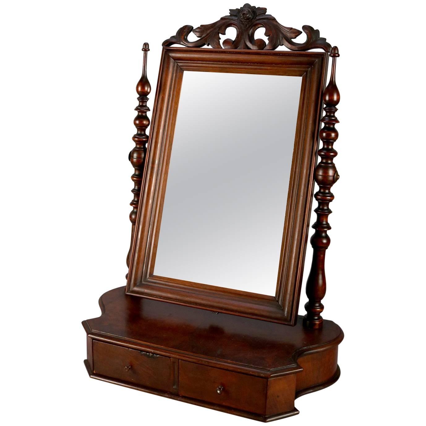 Antique William and Mary School Carved Mahogany Two-Drawer Shaving Mirror