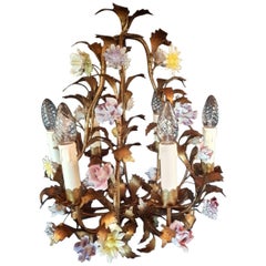 Italian Floral Chandelier, Gilt Iron with Porcelain Flowers, 1940