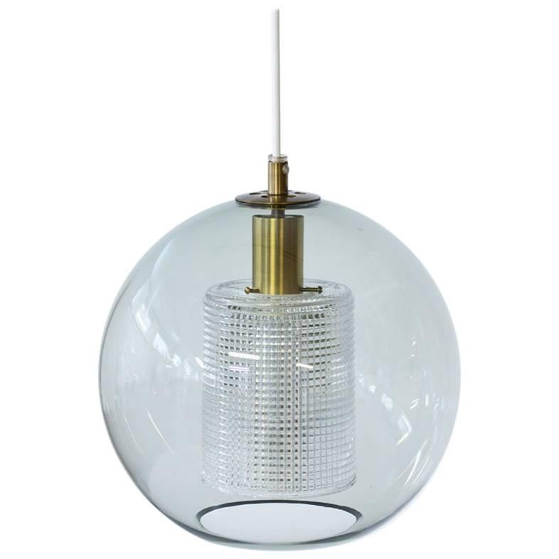 Round Glass and Brass Pendant Lamp by Carl Fagerlund for Orrefors, Sweden, 1960s