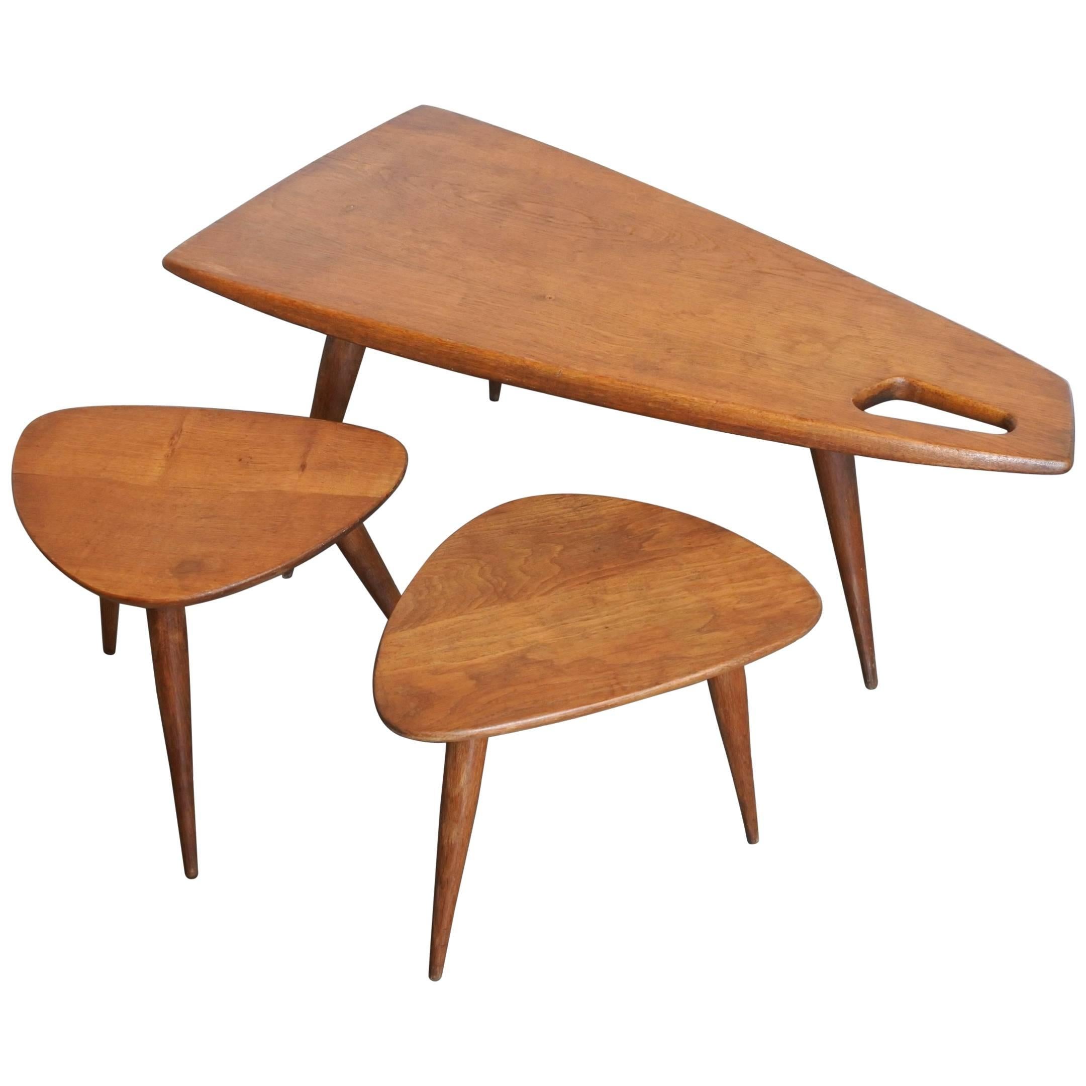 Pierre Cruège Set of One Coffee and Two Side Tables, Solid Oak, France 1950s