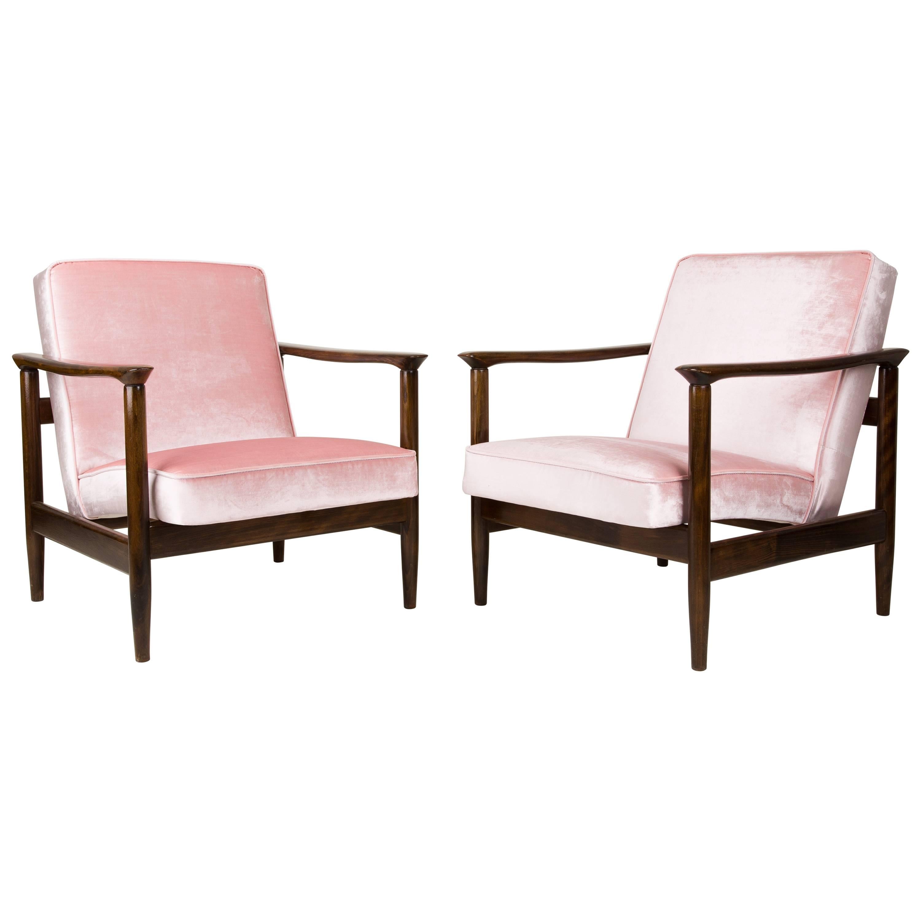 Pair of Baby Pink Velvet Armchairs, Designed by Edmund Homa, 1960s For Sale