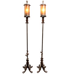 Pair of Tall 1920s Wrought Iron Mica Torchieres