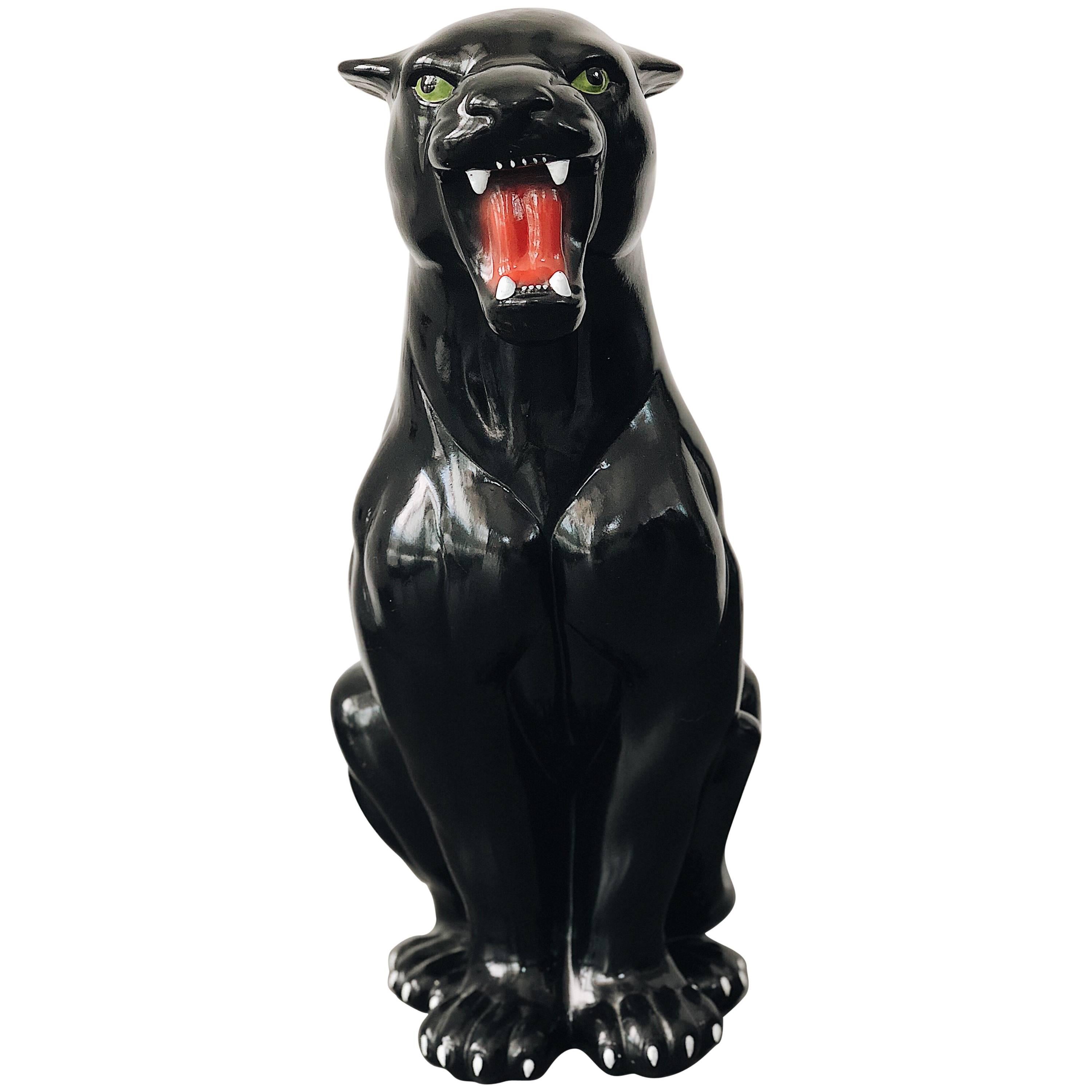 Large Rare Black Panther Ceramic Sculpture, Italy, 1960s