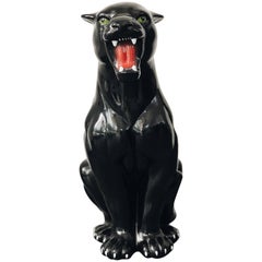 Vintage Large Rare Black Panther Ceramic Sculpture, Italy, 1960s